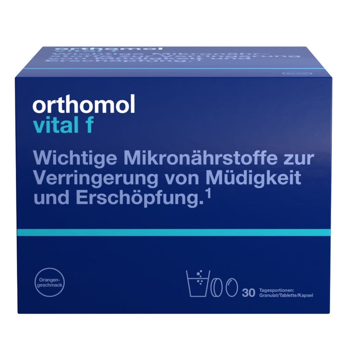 Orthomol Vital f für Frauen - bei Müdigkeit - mit B-Vitaminen, Omega-3-Fettsäuren und Magnesium - Orangen-Geschmack - Granulat/Tabletten/Kapseln, 30 pc Portions quotidiennes