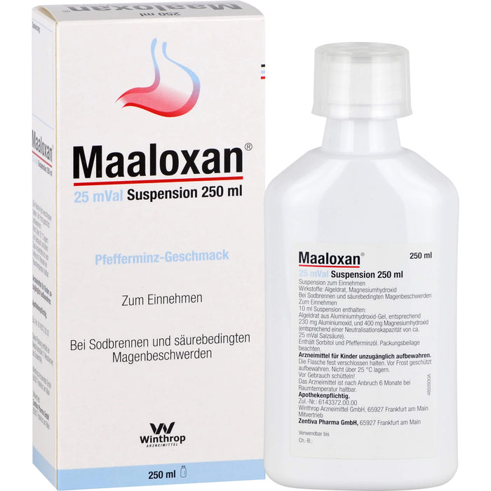 Maaloxan 25 mVal Suspension bei Sodbrennen Pfefferminz-Geschmack, 250 ml Solution