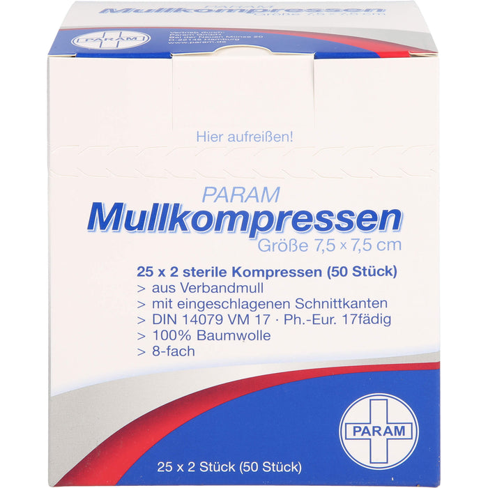 PARAM Mullkompressen 7,5 cm x 7,5 cm steril 8-fach, 50 pc Compresses