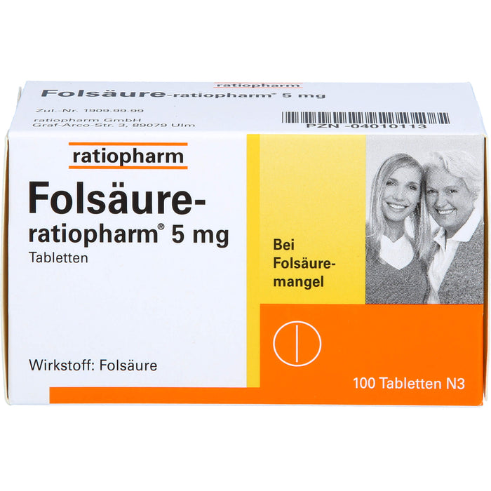 Folsäure-ratiopharm 5 mg Tabletten bei Folsäure-Mangel, 100 pc Tablettes