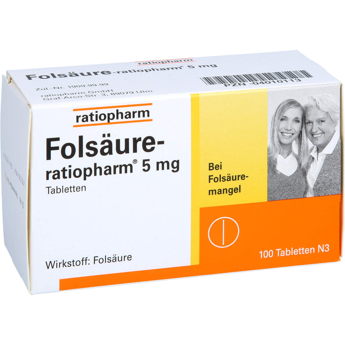 Folsäure-ratiopharm 5 mg Tabletten bei Folsäure-Mangel, 100 pc Tablettes