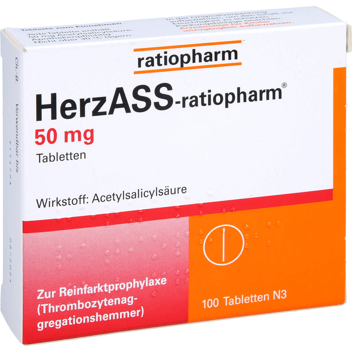 HerzASS-ratiopharm 50 mg Tabletten zur Reinfarktprophylaxe, 100 pc Tablettes