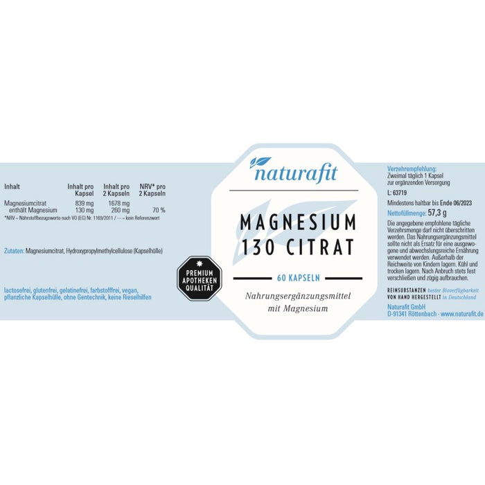 naturafit Magnesium 130 Citrat Kapseln, 60 pc Capsules