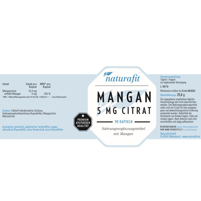 naturafit Mangan 5 mg Citrat Kapseln, 90 pcs. Capsules