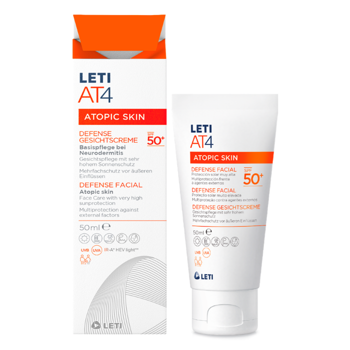 LETI AT4 Defense Gesichtscreme SPF 50+ - Wasserabweisende, hautschützende Gesichtspflege mit hohem Sonnenschutz (SPF 50+) bei trockener oder zu Neurodermitis neigender Haut, 50 ml Crème