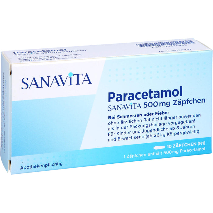 SANAVITA Paracetamol 500 mg Zäpfchen bei Schmerzen und Fieber, 10 pc Suppositoires