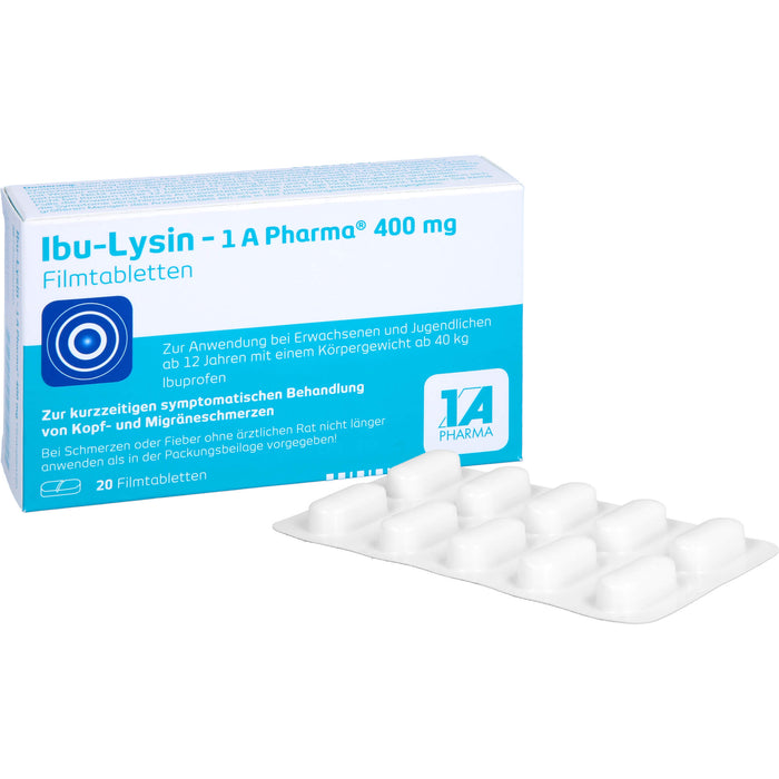 Ibu-Lysin 1A Pharma 400 mg Filmtabletten zur kurzzeitigen symptomatischen Behandlung von Kopf- und Migräneschmerzen, 20 pcs. Tablets