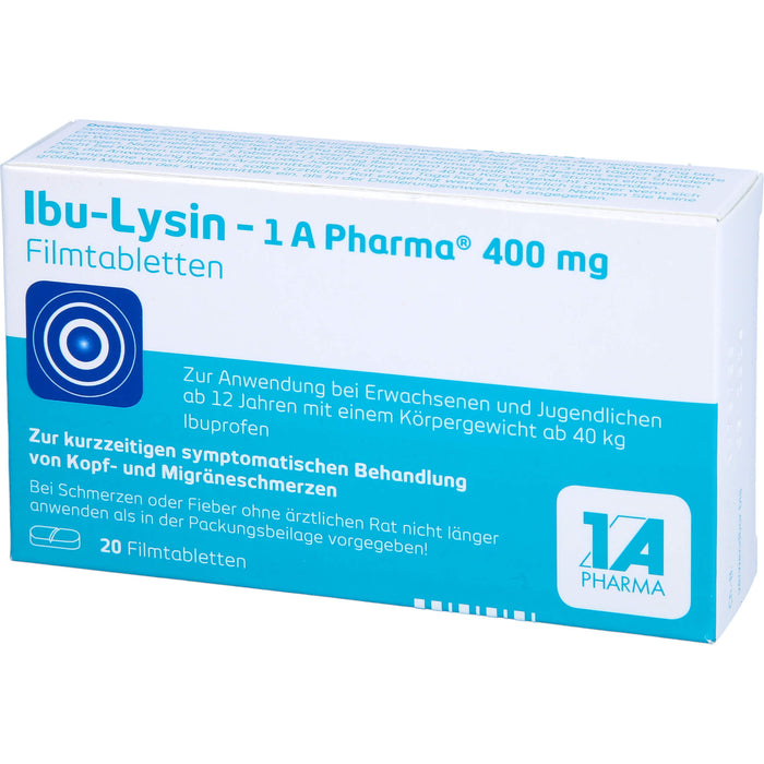 Ibu-Lysin 1A Pharma 400 mg Filmtabletten zur kurzzeitigen symptomatischen Behandlung von Kopf- und Migräneschmerzen, 20 pcs. Tablets