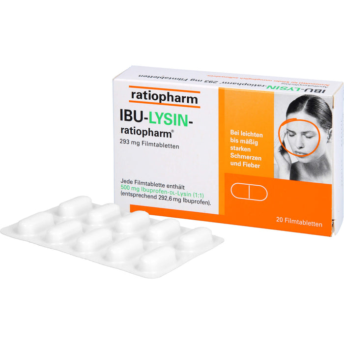 IBU-LYSIN-ratiopharm 293 mg Filmtabletten bei Schmerzen und Fieber, 20 pcs. Tablets