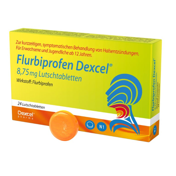 Flurbiprofen Dexcel 8,75 mg Lutschtabletten zur kurzzeitigen, symptomatischen Behandlung von Halsentzündungen, 24 pcs. Tablets