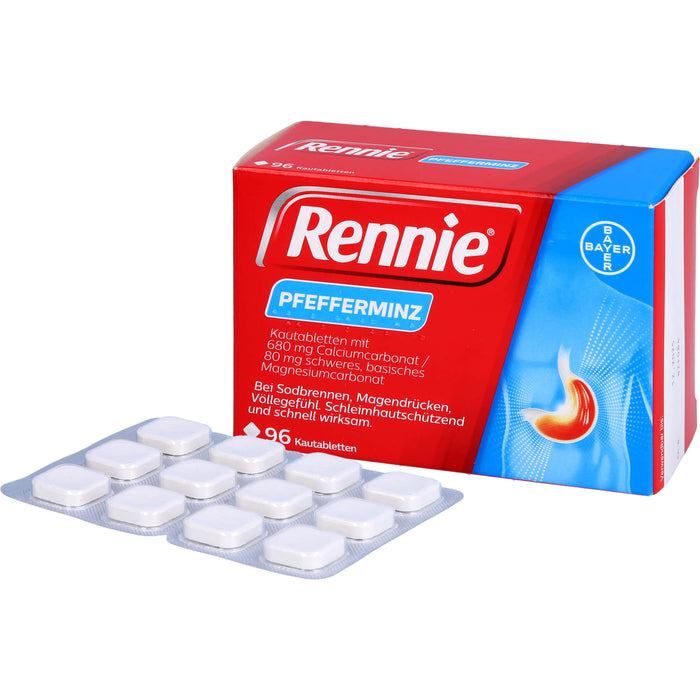 Rennie Kautabletten bei Sodbrennen, Magendrücken und Völlegefühl Pfefferminze, 96 pc Tablettes