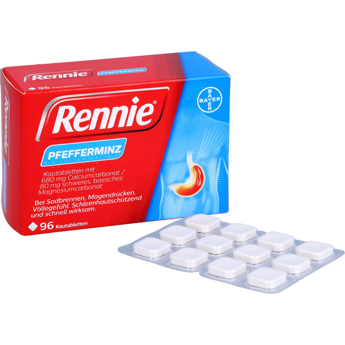 Rennie Kautabletten bei Sodbrennen, Magendrücken und Völlegefühl Pfefferminze, 96 pc Tablettes