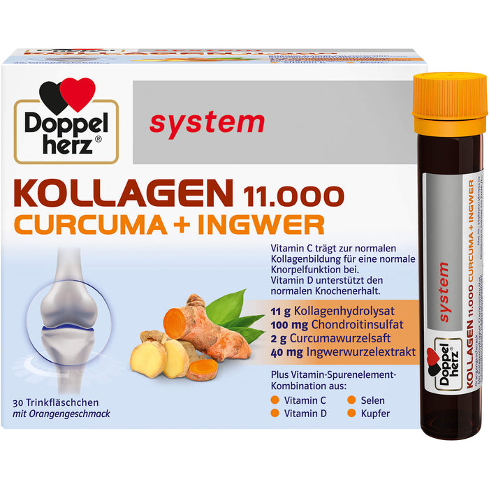 Doppelherz system Kollagen 11,000 Curcuma + Ingwer Lösung für eine normale Knorpelfunktion und zur Unterstützung eines normalen Knochenerhalts, 30 pcs. Drinking bottle