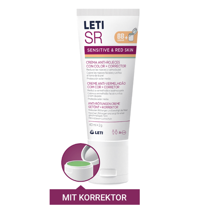 LETI SR Anti-Rötungen Gesichtscreme getönt + Korrektor - Getönte Tagespflege bei sensibler oder geröteter Gesichtshaut mit SPF 20, 40 ml Crème