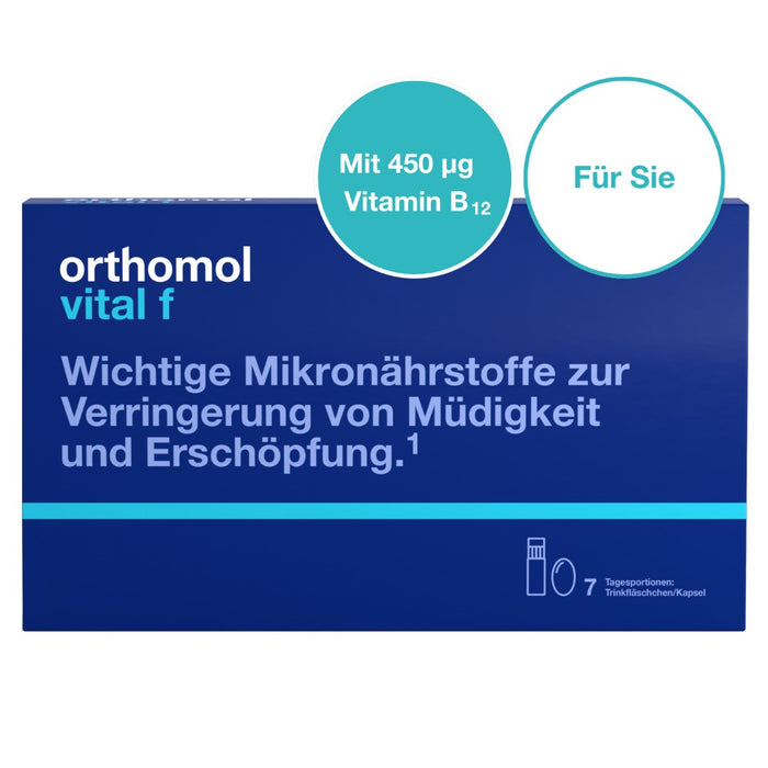 Orthomol Vital f - Mikronährstoffe für Frauen - bei Müdigkeit und Erschöpfung - mit B-Vitaminen, Omega-3-Fettsäuren und Magnesium - Trinkampullen/Kapseln, 7 St. Tagesportionen