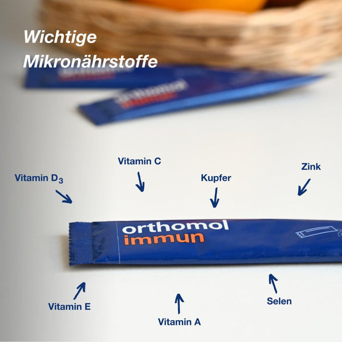 Orthomol Immun - Mikronährstoffe zur Unterstützung des Immunsystems - mit Vitamin C, Vitamin D und Zink - Orangen-Geschmack - Direktgranulat, 30 pcs. Daily portions